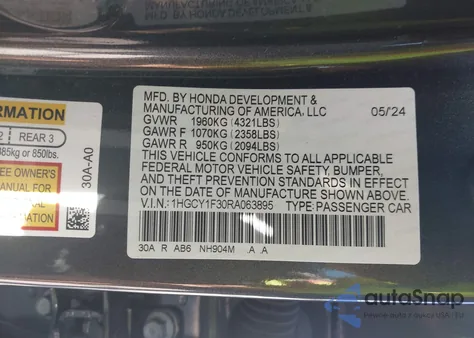 2024 Honda Accord Ex from USA, damaged, VIN 1HGCY1F30RA063895